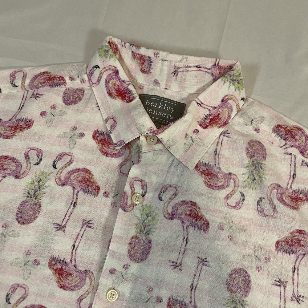 Berkley Jensen Mens Linen Blend Flamingo Pineapple Tropical Shirt Pink White L